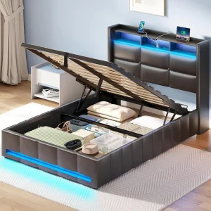 Bed Frame Twin Size with Lift Up Storage, Charging Station