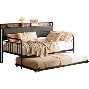 Daybed with Trundle, Sturdy Metal Twin Bed Frame